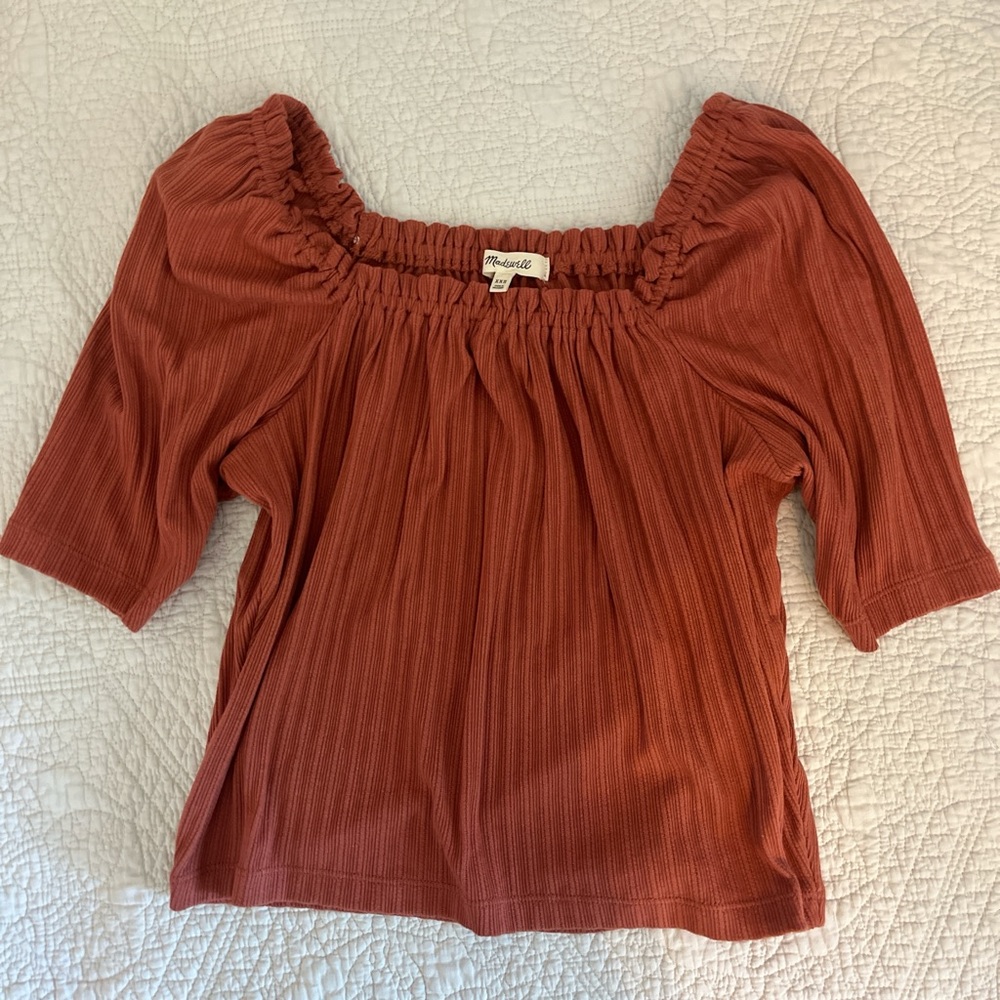 Madewell Brown and Orange Puff Sleeve Smocked Blouse